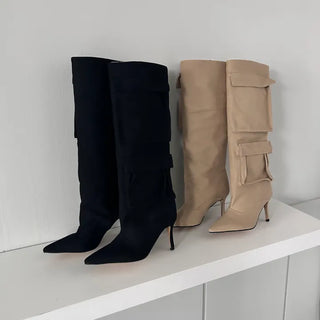 8cm Pocket Stiletto Cargo Long Boots Work Pointed-Toe
