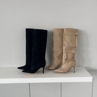 8cm Pocket Stiletto Cargo Long Boots Work Pointed-Toe