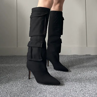 8cm Pocket Stiletto Cargo Long Boots Work Pointed-Toe