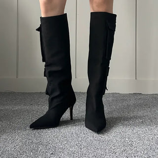 8cm Pocket Stiletto Cargo Long Boots Work Pointed-Toe