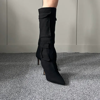 8cm Pocket Stiletto Cargo Long Boots Work Pointed-Toe