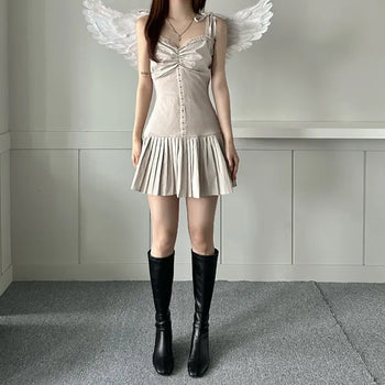 Romantic Hook Ribbon Pleats Dress Balletcore Sleeveless Bustier