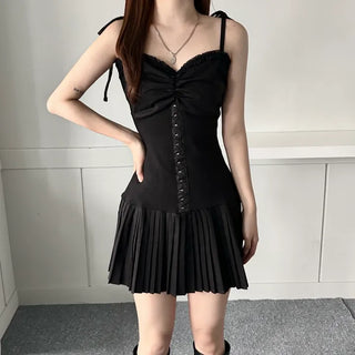 Romantic Hook Ribbon Pleats Dress Balletcore Sleeveless Bustier