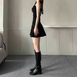 Romantic Hook Ribbon Pleats Dress Balletcore Sleeveless Bustier