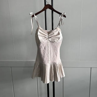 Romantic Hook Ribbon Pleats Dress Balletcore Sleeveless Bustier