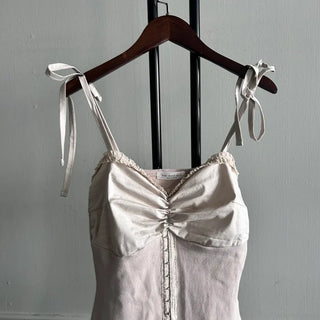 Romantic Hook Ribbon Pleats Dress Balletcore Sleeveless Bustier
