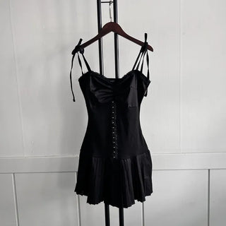 Romantic Hook Ribbon Pleats Dress Balletcore Sleeveless Bustier