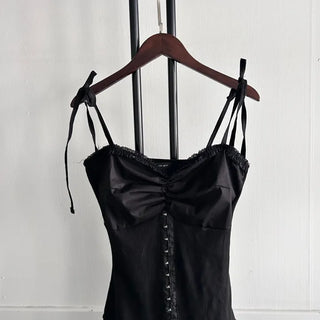 Romantic Hook Ribbon Pleats Dress Balletcore Sleeveless Bustier