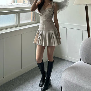 Romantic Hook Ribbon Pleats Dress Balletcore Sleeveless Bustier