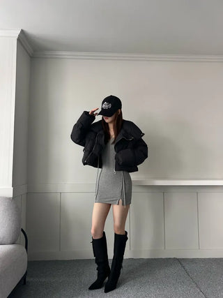 Oblique Line Overfit Padding Diagonal Collar Oversized Short