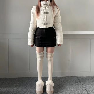 Buckle Leather Cropped Padded Crop Short Jacket Ivory