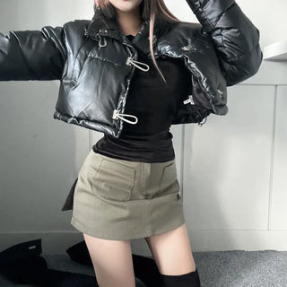 Buckle Leather Cropped Padded Crop Short Jacket Ivory