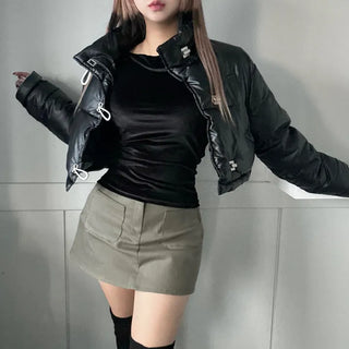 Buckle Leather Cropped Padded Crop Short Jacket Ivory