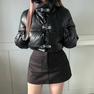 Buckle Leather Cropped Padded Crop Short Jacket Ivory