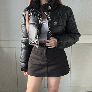 Buckle Leather Cropped Padded Crop Short Jacket Ivory