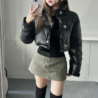 Buckle Leather Cropped Padded Crop Short Jacket Ivory