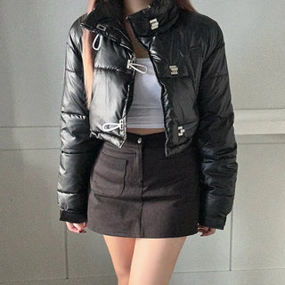 Buckle Leather Cropped Padded Crop Short Jacket Ivory
