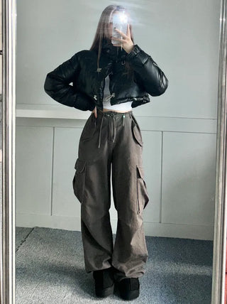 Buckle Leather Cropped Padded Crop Short Jacket Ivory