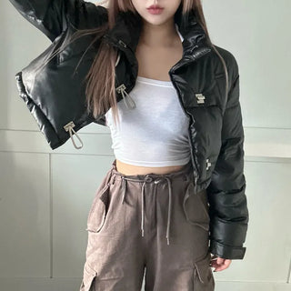 Buckle Leather Cropped Padded Crop Short Jacket Ivory