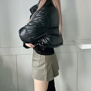 Buckle Leather Cropped Padded Crop Short Jacket Ivory