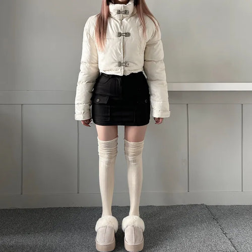 Buckle Leather Cropped Padded Crop Short Jacket Ivory