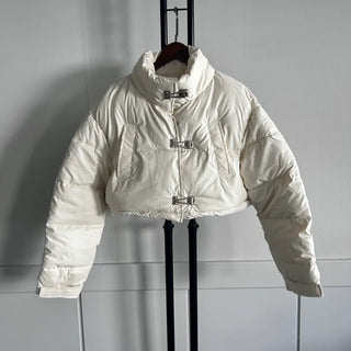 Buckle Leather Cropped Padded Crop Short Jacket Ivory