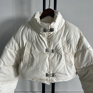 Buckle Leather Cropped Padded Crop Short Jacket Ivory