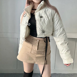 Buckle Leather Cropped Padded Crop Short Jacket Ivory