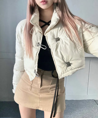 Buckle Leather Cropped Padded Crop Short Jacket Ivory