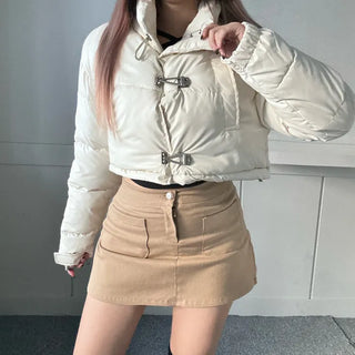 Buckle Leather Cropped Padded Crop Short Jacket Ivory