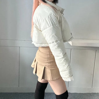 Buckle Leather Cropped Padded Crop Short Jacket Ivory