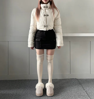 Buckle Leather Cropped Padded Crop Short Jacket Ivory