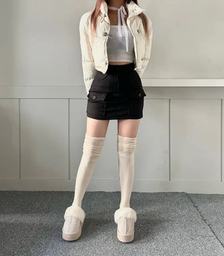 Buckle Leather Cropped Padded Crop Short Jacket Ivory