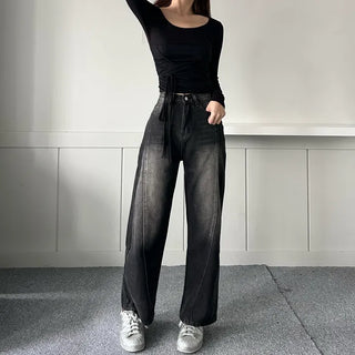 Incisional Washing Denim Vintage Washed Cut-out Pants for