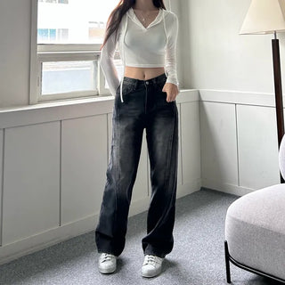 Incisional Washing Denim Vintage Washed Cut-out Pants for