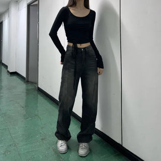 Incisional Washing Denim Vintage Washed Cut-out Pants for