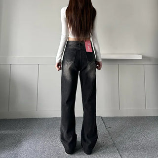 Incisional Washing Denim Vintage Washed Cut-out Pants for