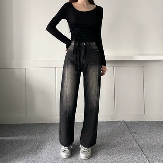 Incisional Washing Denim Vintage Washed Cut-out Pants for