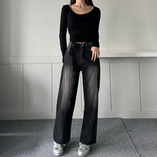 Incisional Washing Denim Vintage Washed Cut-out Pants for