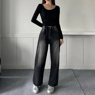Incisional Washing Denim Vintage Washed Cut-out Pants for