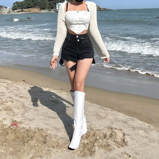 Two-Button Slit Distressed Black Denim Shorts