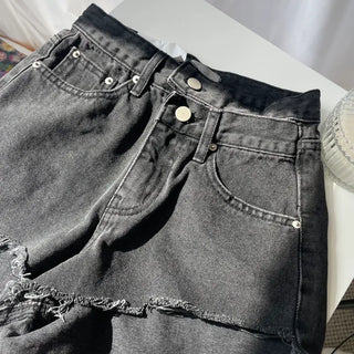 Two-Button Slit Distressed Black Denim Shorts