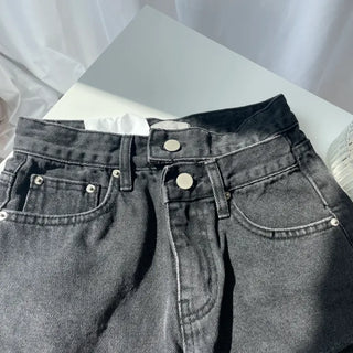 Two-Button Slit Distressed Black Denim Shorts