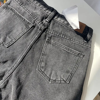 Two-Button Slit Distressed Black Denim Shorts