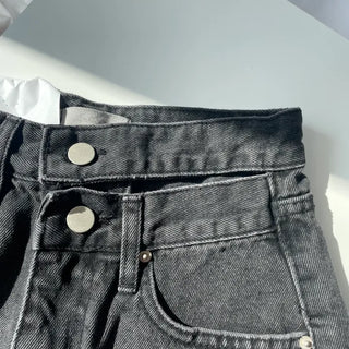 Two-Button Slit Distressed Black Denim Shorts