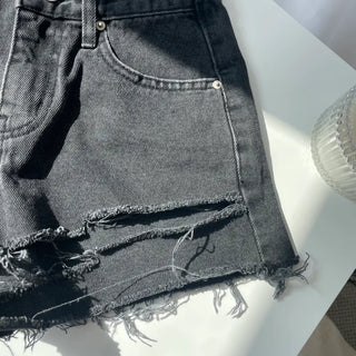 Two-Button Slit Distressed Black Denim Shorts