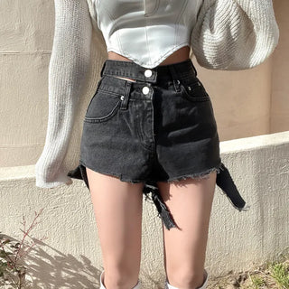 Two-Button Slit Distressed Black Denim Shorts