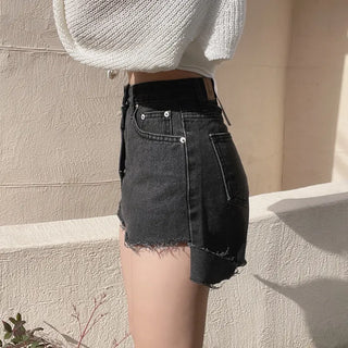 Two-Button Slit Distressed Black Denim Shorts