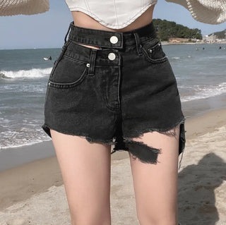 Two-Button Slit Distressed Black Denim Shorts