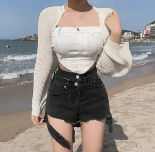 Two-Button Slit Distressed Black Denim Shorts